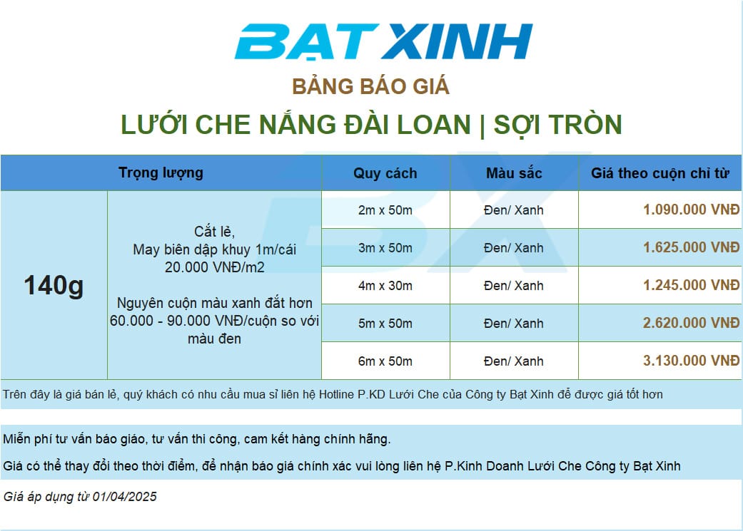Bảng giá lưới che nắng đài loan sợi tròn