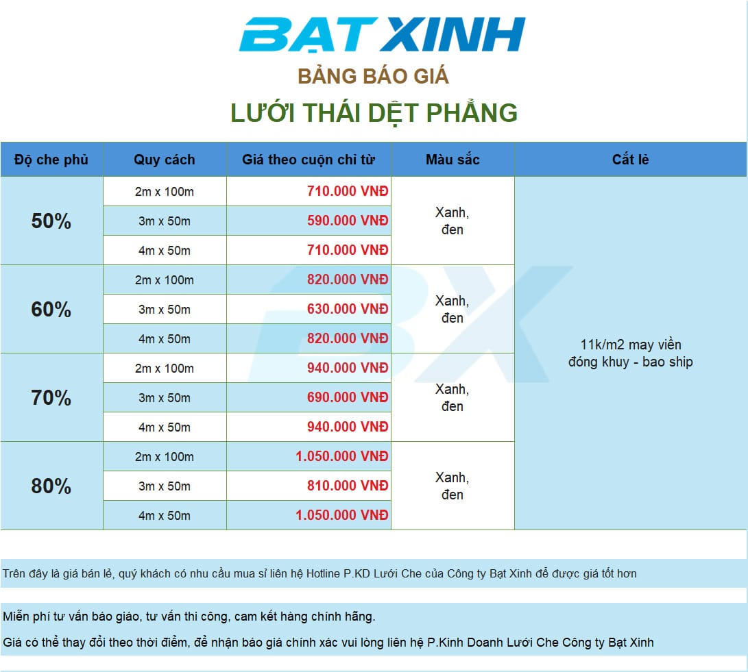 Bảng giá lưới lan che nắng dệt phẳng