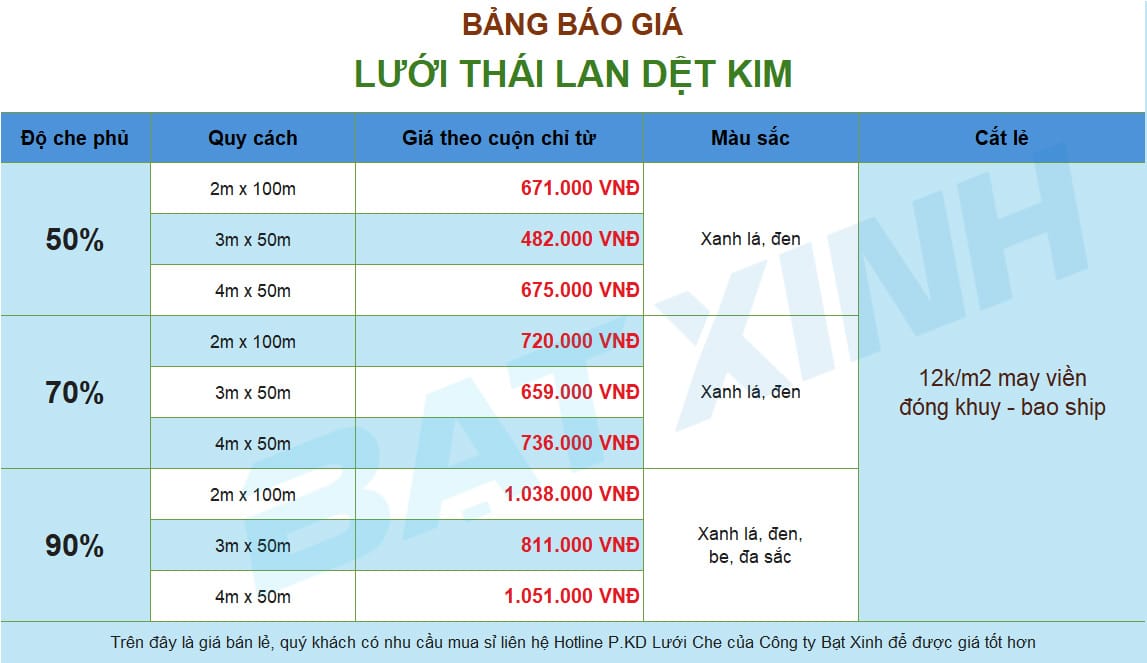 Bảng giá lưới che nắng dệt kim